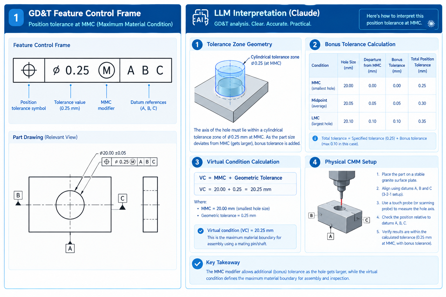 GD&T position tolerance at MMC feature control frame on left with Claude AI interpretation output showing tolerance zone bonus tolerance calculation virtual condition and CMM setup description on right