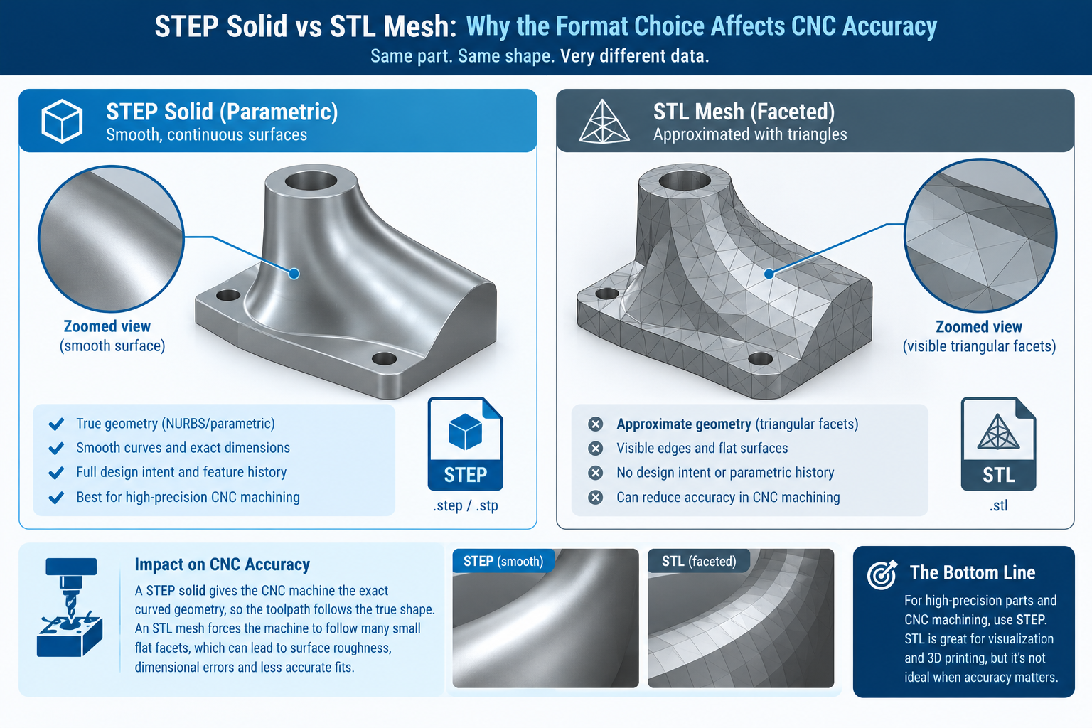 A close-up comparison graphic showing a curved surface modeled as a smooth parametric STEP solid on one side and the same curve approximated by visible flat triangular facets in an STL mesh on the other side