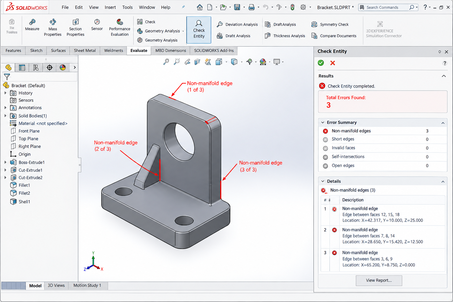 SolidWorks Check Entity results showing non-manifold geometry errors highlighted red on 3D CAD model with error count dialog for automated geometric quality checking