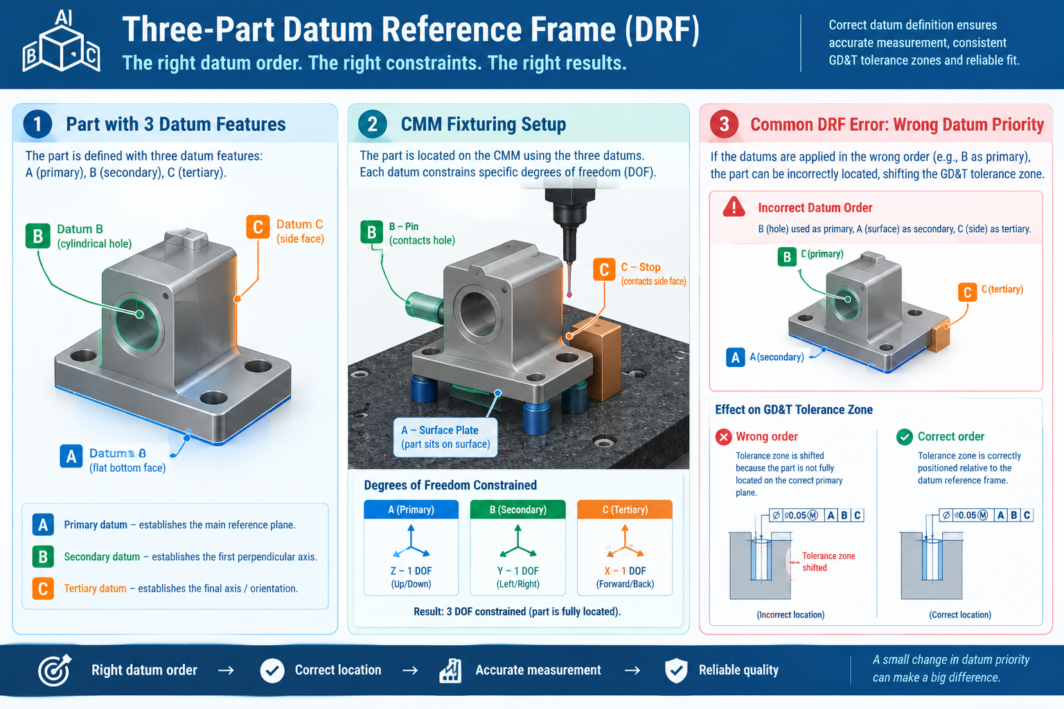 Datum reference frame illustration showing part with three datums A B C on left CMM physical fixturing setup in centre and common DRF priority error and tolerance zone consequence on right